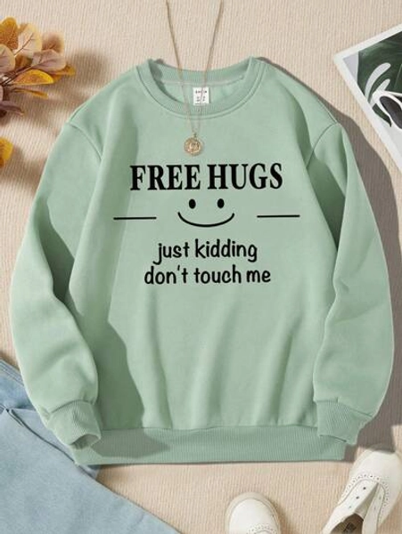 Tween Girl 1 Piece Of Fashionable Casual Letter Printed Fleece Round Neck Sweatshirt