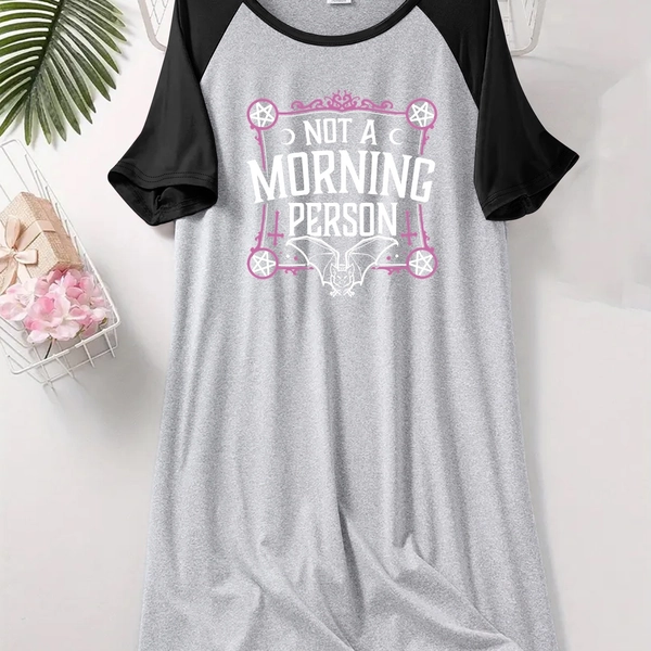 For Those Who Aren'T Early Risers, This Bat Print Shoulder-Sleeve Nightgown Features a Round Neck And Short Sleeves, Perfect for Casual Women'S Wear E21