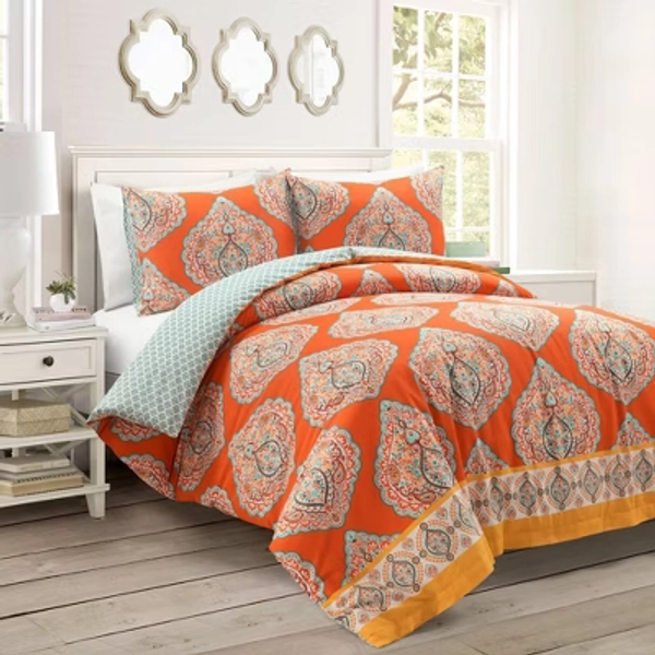 3pc King Harley Cotton Duvet Cover Set Tangerine - Lush Décor: Reversible, OEKO-TEX Certified, Inner Ties