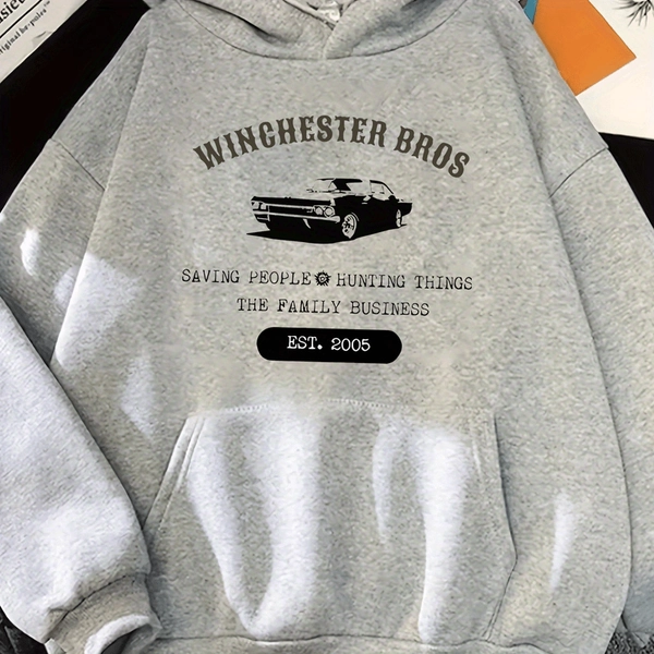 Women'S Winchester Bros. Casual Hoodie - "Saving People, Hunting Things, The Family Business" Graphic, Light Gray Pullover with Kangaroo Pocket, Perfect for Running & Outdoor Activities, Casual Wear Hoodie | Graphic Hoodie | Stretchy Fabric