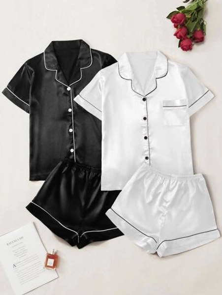 2pcs Satin Contrast Color Short Sleeve Button Front Casual Home Trim Shirt And 2pcs Shorts Set