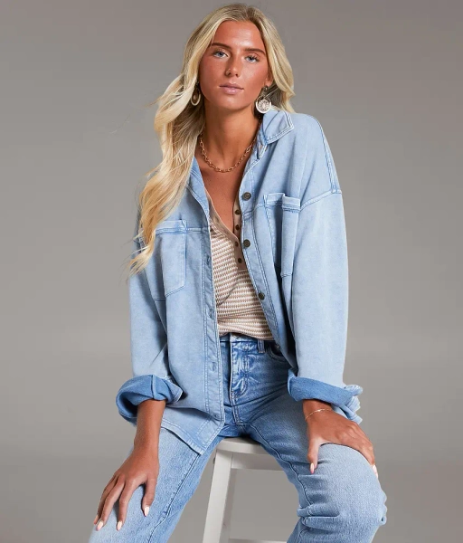 X-Small Denim Blue Washed Knit Shacket