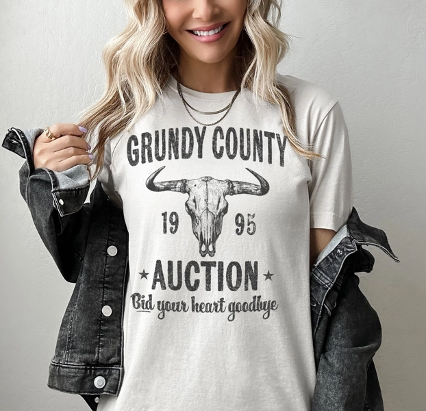 Grundy County Auction Vintage Inspired, Western Boho, Rodeo Rustic, Nashville-Style, Southern Retro T-Shirt, Comfort Colors Tee
