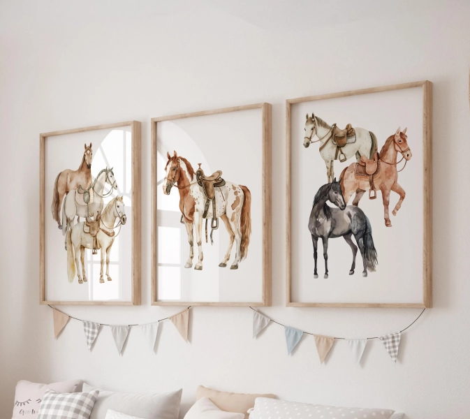 Set of 3 Horse Prints, Cowboy Wall Art Set, Horse Posters, Modern Art, Farm Kids Bedroom Decor, Boy Nursery Decor, Playroom Prints
