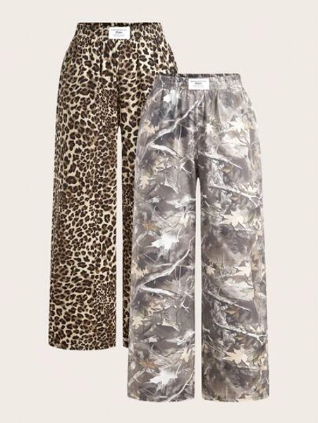 SHEIN EZwear Woven Two-Tone Leopard Print Flare Leg Casual Women Pants