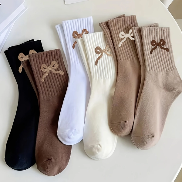 [6 Pairs Socks] 6 Pairs of Spring And Summer Solid Color Bow Daily Casual Elastic Mid-Tube Socks