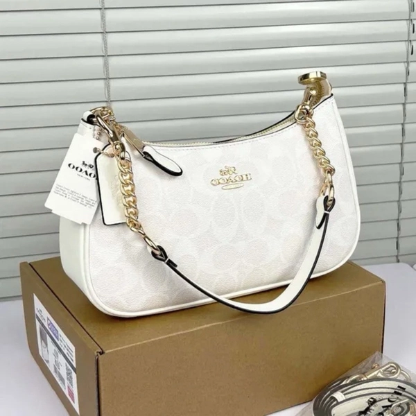 Coach Teri Shoulder Bag Signature Canvas Chalk White Gold Chain Crossbody