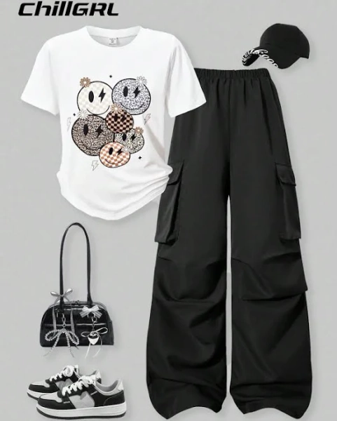 SHEIN Kids Letter Print Crew Neck T-Shirt and Cargo Pants Outfit Set