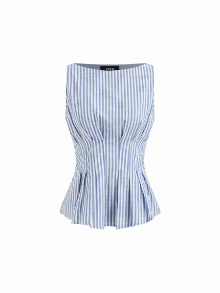 Cotton-blend Boat Neck Stripe Pleated Tank Top