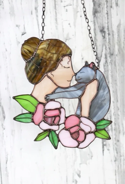 Suncatcher Women loves her pet Stained Glass Window Hanging Decor Cat Art gift Сustom pet portrait Wall Window Hangings Mother’s day Gift