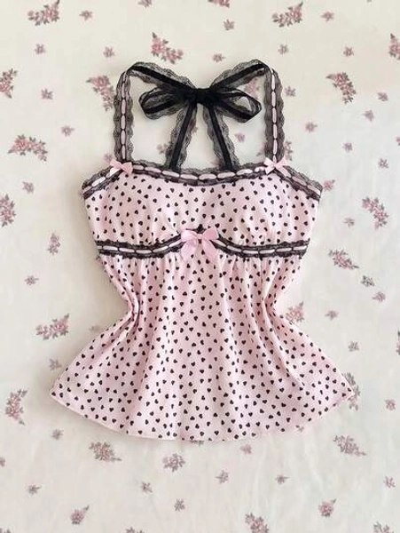 Flirla Pink And Black Polka Dot,Summer,Elegant,Tea Party,Women Pink Heart Print Contrast Black Lace Patchwork Bow Decor Halter Neck Ruffle Hem Babydoll Top - Size L