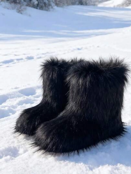 New Winter Warm Plush Faux Fur Snow Boots For Women - Dark Grey & Brown Ankle Booties With Soft Lining, Cozy Slip-On Design For Cold Weather Outdoor & Indoor Wear