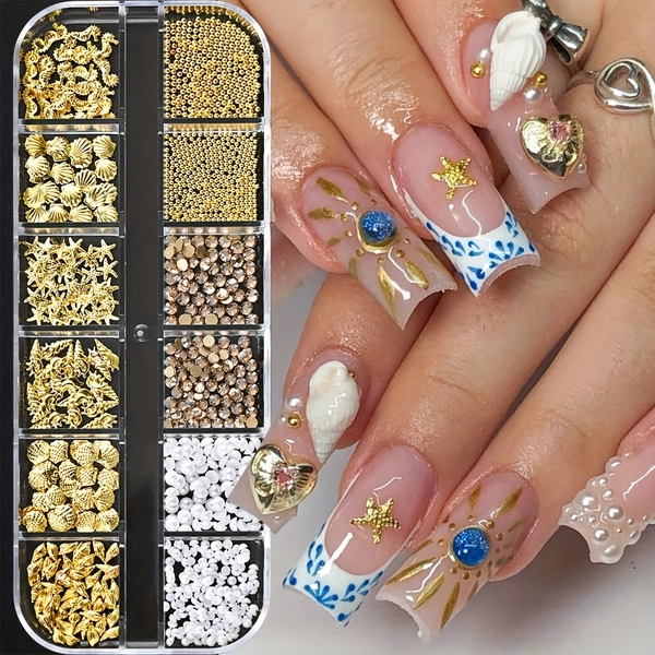 12Grids 3D Golden Ocean Rivet Nail Charms Mixed Seahorsea/Starfish /Conch/Pearl/Mini Caviar Beads/Rhinestone Nail Jewery Decoration 3D Mixed Punk Manicure Rivets Studs