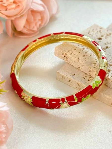1pc Vintage Style Gold Floral Enamel Bangle, Gold Bracelet, Jewelry Accessories Suitable For Girls And Women, Everyday Wear And Holiday Gift