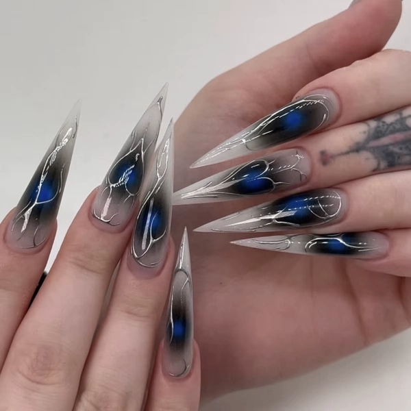 24pcs Gothic Dark Style Fake Nail Tips Punk Metal Butterfly Almond Press on Nail Wearable Detachable Spice Girl False Nails