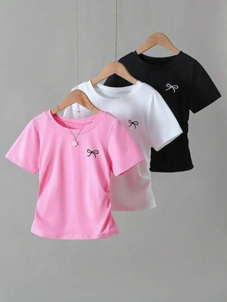 3pcs Girls' Bowknot Print Ruched Short Sleeve T-Shirt Set In Gray, Pink And Black