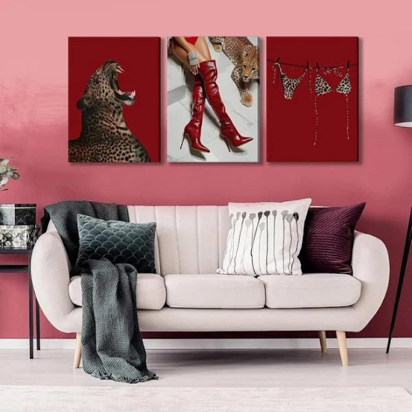 3pcs Red Fashion Leopard Canvas Wall Art Cheetah