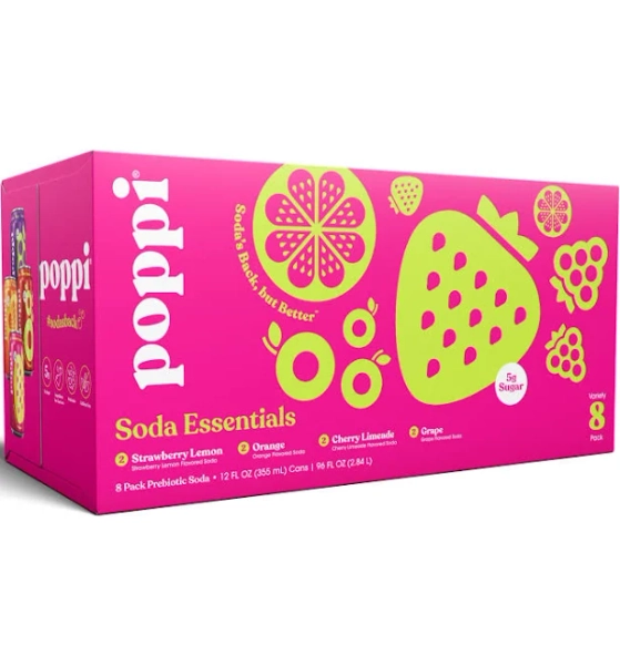 Poppi Soda Essentials Prebiotic Soda Variety Pack, 12 fl oz, 8 Pack Cans