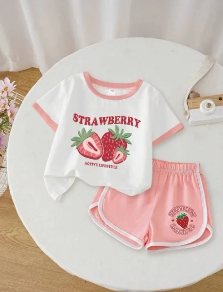 SHEIN Tween Girls Strawberry Print T-Shirt and Shorts Outfit Set