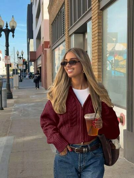 Senya Autumn And Winter New Vintage Cable Knit Cardigan, Loose Drop Shoulder Casual Cardigan, Daily Commuting,Teacher,Airport Jumper Tops