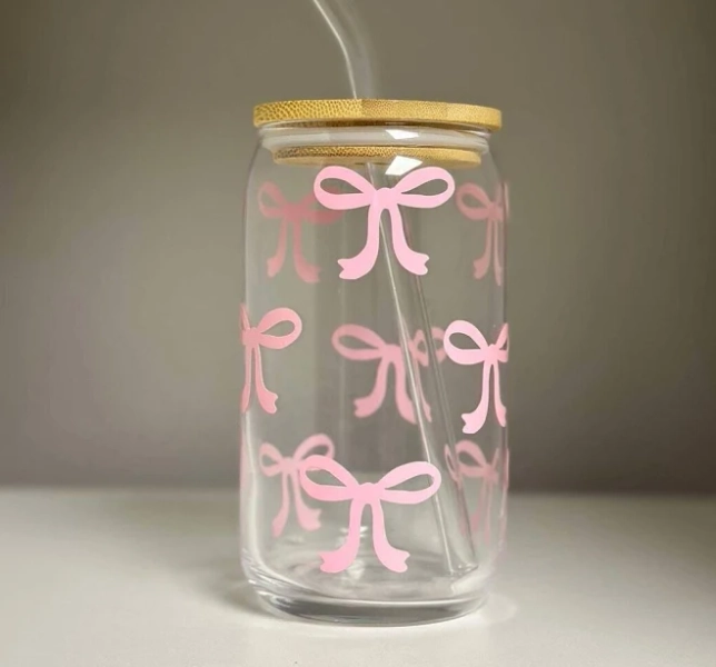 Pink Bows Glass Can Cup