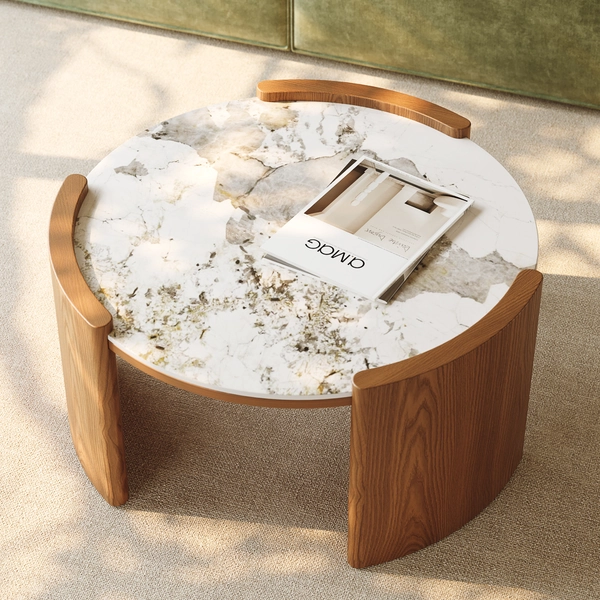 31" Round Glossy Sintered Stone Coffee Table, Modern Tripod Table, Minimalist, Curved Leg, FSC-Certified Wood, Easy Assembly, Walnut