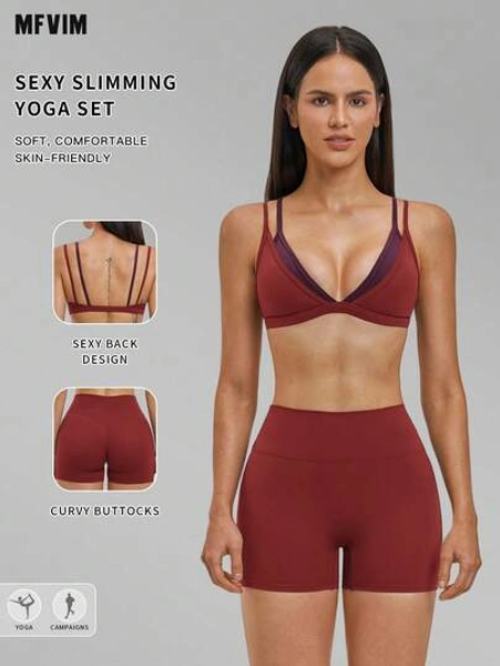 MFVIM Women's Seamless Triangle Cup Bra & Shorts 2-Piece Activewear Set, Soft & Skin-Friendly Fabric, Suitable For Daily Commute, Outdoor, Jogging, Cycling, Yoga - Size L