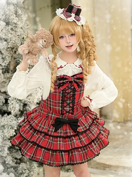 [£41.33]Christmas Red Plaid Tiered JSK with Criss-cross Front