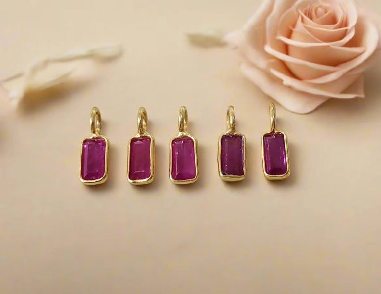 18K Solid Gold Ruby Baguette Charm: July Birthstone Pendant