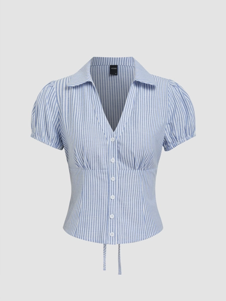 Cotton-blend V-neck Stripe Tie Back Shirt