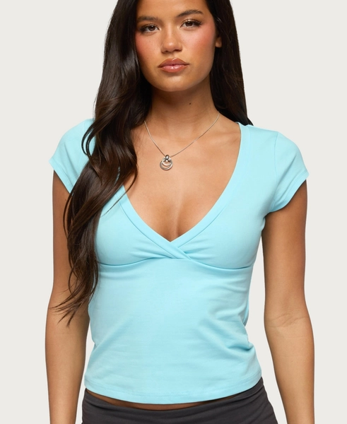 Edikted Women's Penelopy Overlap V Neck T Shirt - Light-blue