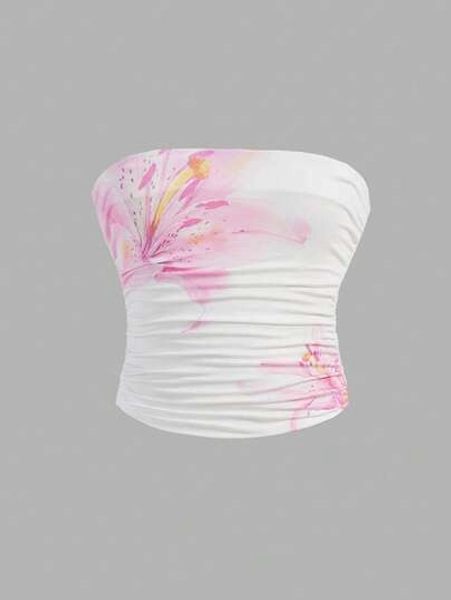 SHEIN Tween Girl Minimalist Comfortable Ruched Elastic Fitted Casual Camisole Fall White Corset Suitable For Autumn/Winter Daily Wear,Street Style, Home Shirts For Teen Girl Tube Top Tween Flower Tube Tops