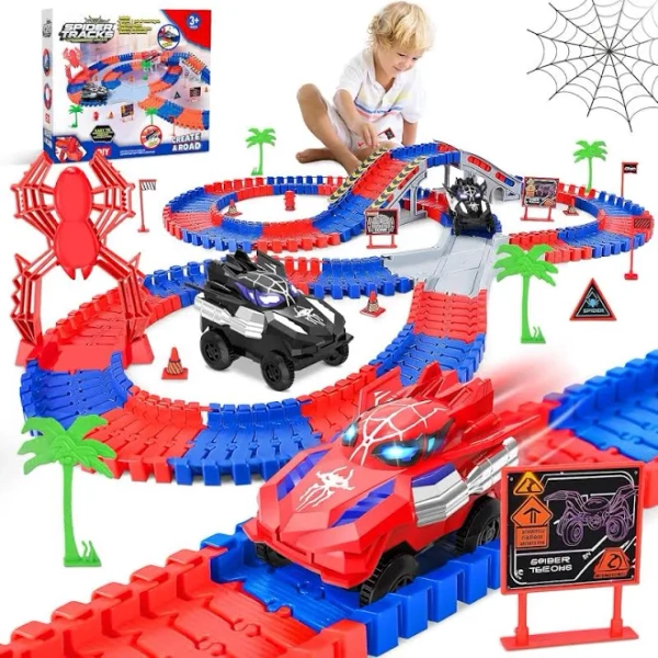 Spider Toys for Boys 4-6, with 2 Electric Spider Race Track, Flexible Tracks Playset Toys for 3 4 5 6 7 8 Year Old Boys and Girls, 212 PCS Race Tracks