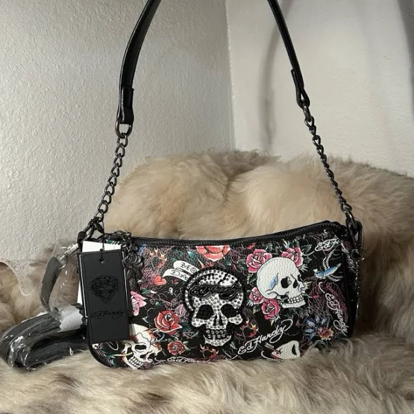 Ed Hardy Floral & Skull Tattoo Print Crossbody Bag