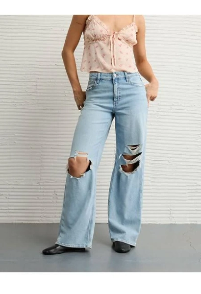 AE Dreamy Drapey Stretch Ripped Super High-Waisted Baggy Wide-Leg Jean