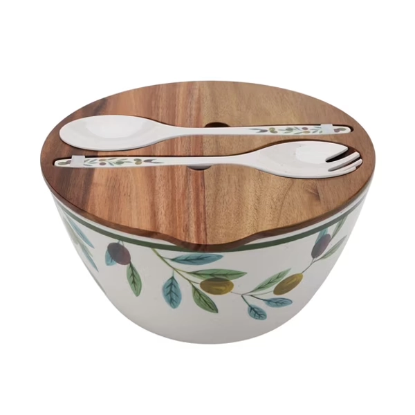 Better Homes and Gardens Bamboo Melamine Salad Serve Bowl Set with Acacia Wood Lid & Utensils, Olive Pattern