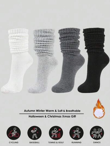 4 Pairs Women's Fall Autumn Winter Slouch Knit Socks, Slouchy Socks, Women's Scrunch Socks, Women's Scrunchie Socks, Crew Socks Soft, Comfortable, Warm & Breathable, Fashionable Black, White, Dark, And Light Gray Series Perfect Gifts For Hiking, Back To School, Halloween & Christmas Xmas Gift