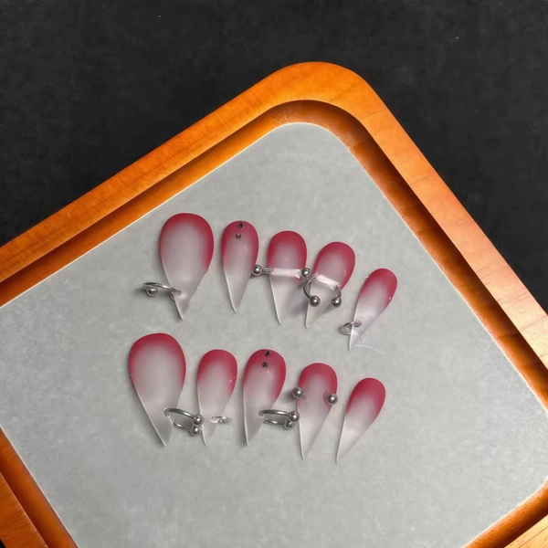 10PCS Translucent jelly-like matte wine-red fake nails detachable metal perforated manicure decorative long conical pointed fake - AliExpress 