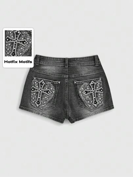 ROMWE Grunge Punk Women's Gyaru Summer Retro Cross Embroidery Rhinestone Super Low Waist Denim Shorts, School