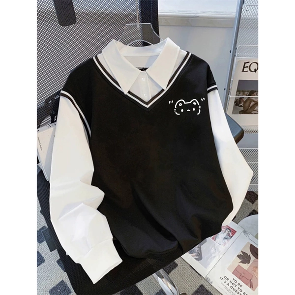 American Trendy Preppy Style 2-in-1 Look New Cute Cat Print Long Sleeve Lapel Collar Color Block Design Women's Spring/Autumn American Street Style Loose Fit Couple's Stylish Fashion Shirt Top