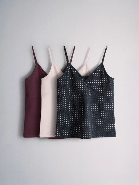 The Set 3 Pack Crossover Strappy Camis Navy Blue Spot/Light Pink/Plum - Size X-Small