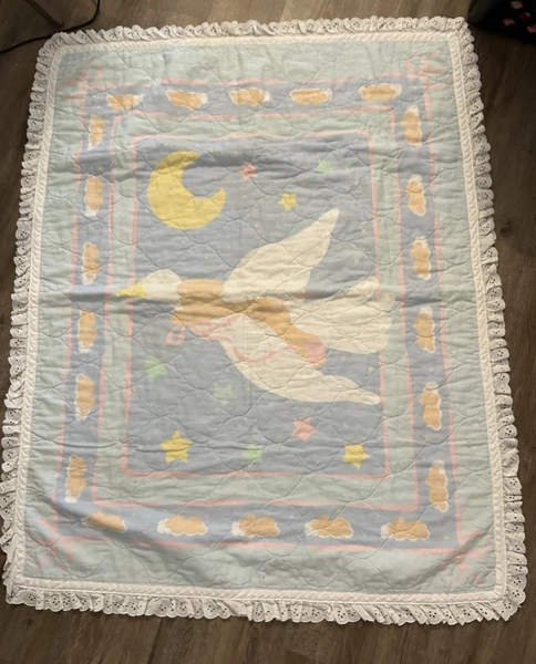 Vintage 1980s Baby Crib Quilt With Goose