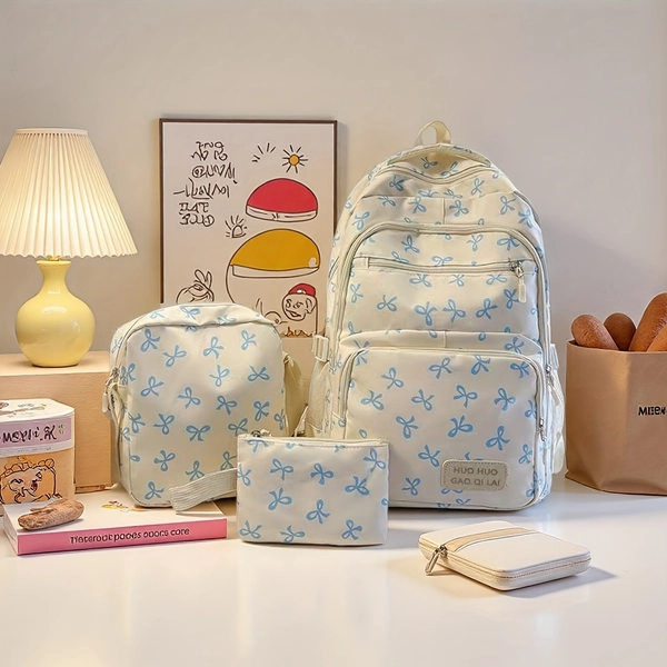 3pcs Lightweight Backpack Set with Adjustable Straps, Zipper Closure, Polyester Lining, Preppy Style, Includes Schoolbag, Computer Bag, Crossbody Bag, Pen Case, and Bow Pattern - Ideal for Travel, Study, and Work, Travel Backpack|Playful Design|Zippered Backpack, Backpack for School, Backpack For Girl/woman, School Backpack For Boy/girl, Girl Schoolbag, Female Backpack, Woman Backpack, Teen School Backpack, Schoolbag For Girl, Girl School Bags, Male Backpack, School Backpack