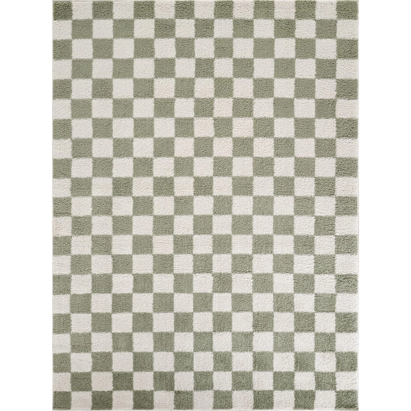 Tapis shaggy à carreaux lavable en machine vert 160x213