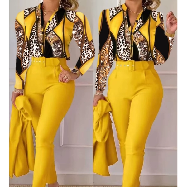 Fashion Printed Long Sleeved Shirt Women Suit Spring Autumn Slim Fit Shirtlace Up Pencil Pants Elegant Female Office 2 Piece Set - AliExpress 200000345