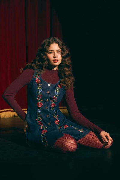 Joelle Embroidered Pinafore - 4 / Blue Denim