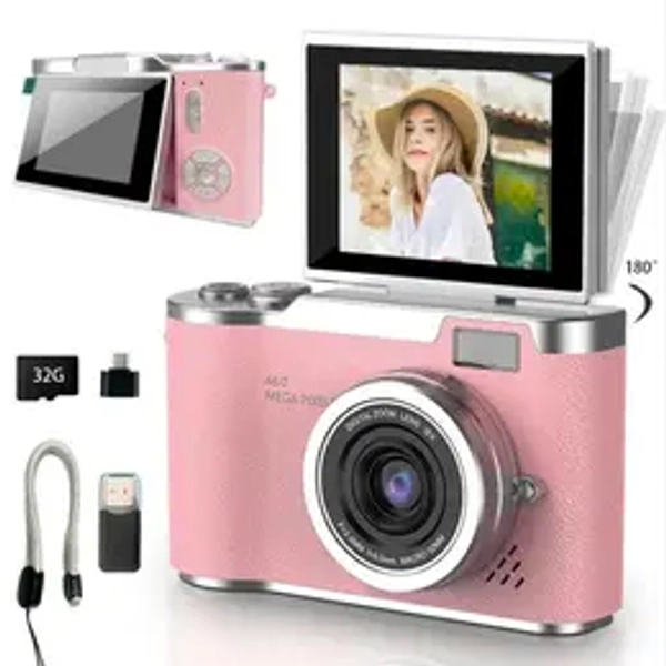 Portable Digital Cam, Student Camera, Compact Pocket Camera, 180° Degree Flip Screen Camera For Women, Entry-Level 1080P Pink Camera With 32GB Memory Card, Video Vlog, Photography, Birthday, Christmas New Year Gift