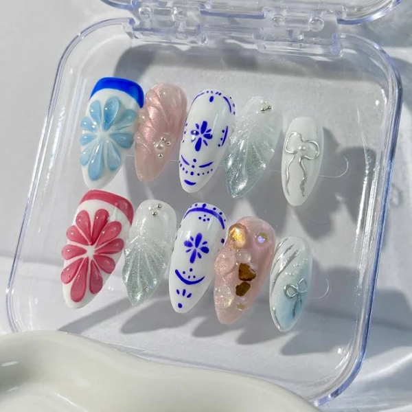 Custom Hand Painted Crystal Summer Fruit Press On Nails |Elegant Greek Style Nails |Handmade Fake Nails |Unique Beach Nails |Summer Nails