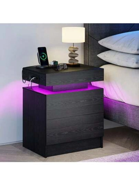 Nightstand With Charging Station, Modern Night Stand With LED Light And Drawers, Bedside Table For Room Decor, End Table For Bedroom, Black/Grey