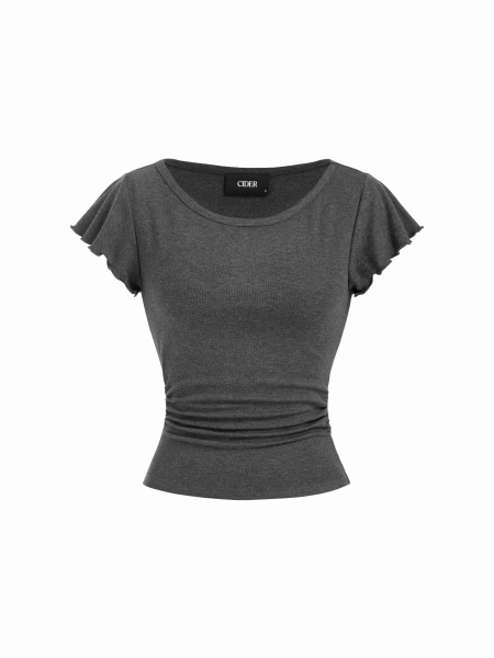 Round Neckline Ruffle Sleeve Ruched Waist Top
